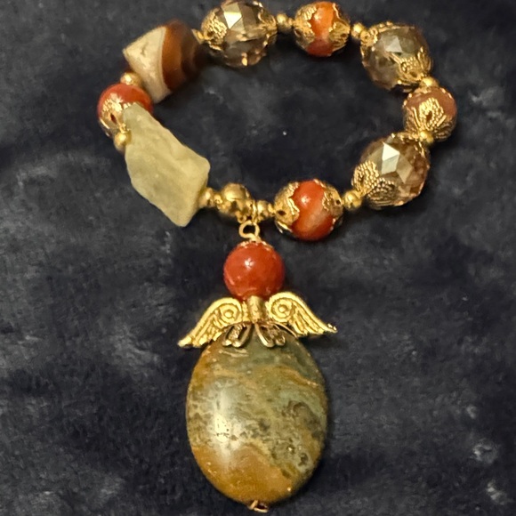 Artisan Gold and Brown Beaded Bracelet with Angel Charm - Picture 1 of 7